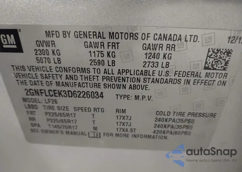 2013 Chevrolet Equinox Ls z USA, uszkodzony, nr VIN 2GNFLCEK3D6226034